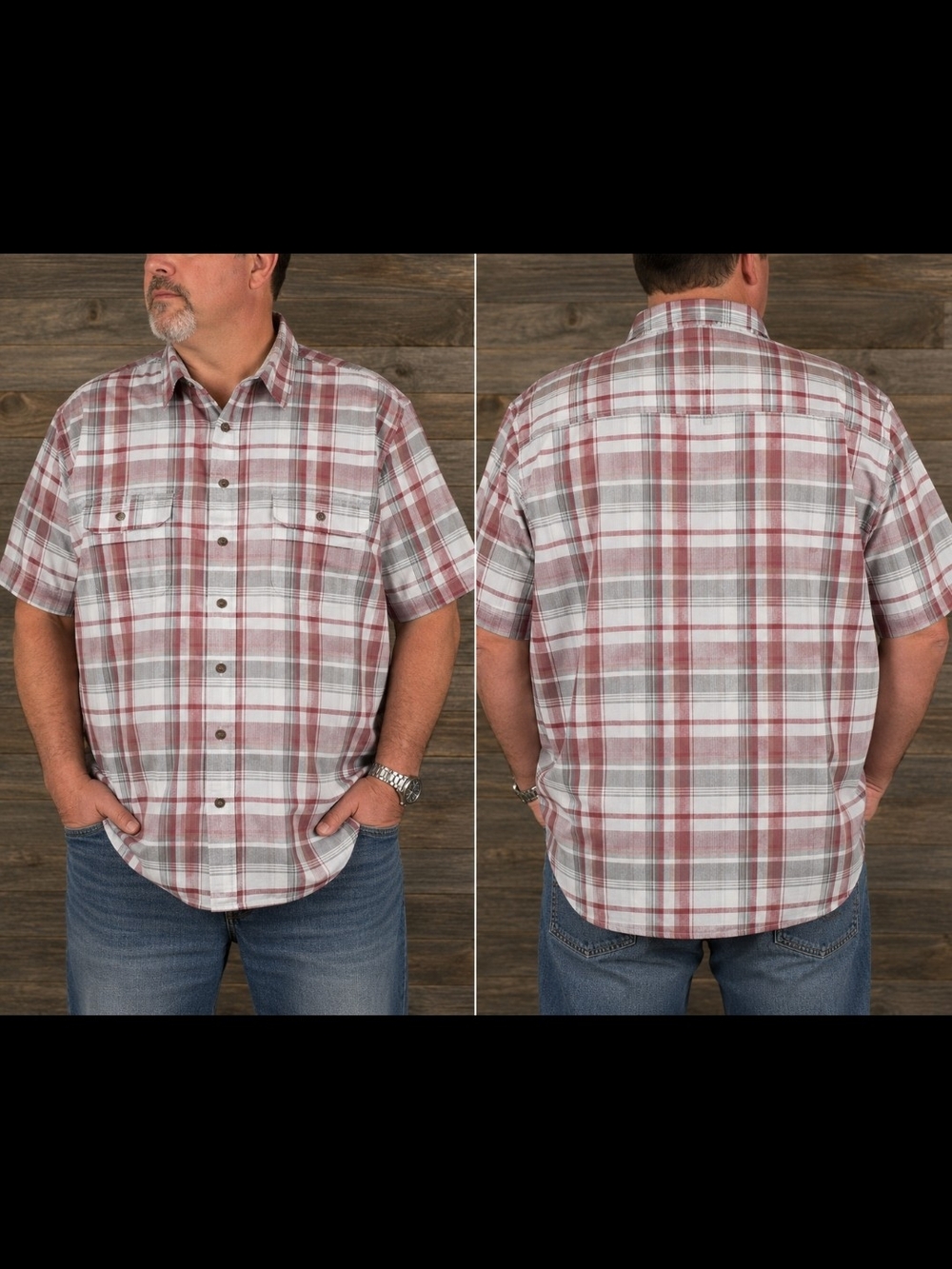 Short Sleeve Plaid Button-Up Shirt - Red/Gray RED HEAD